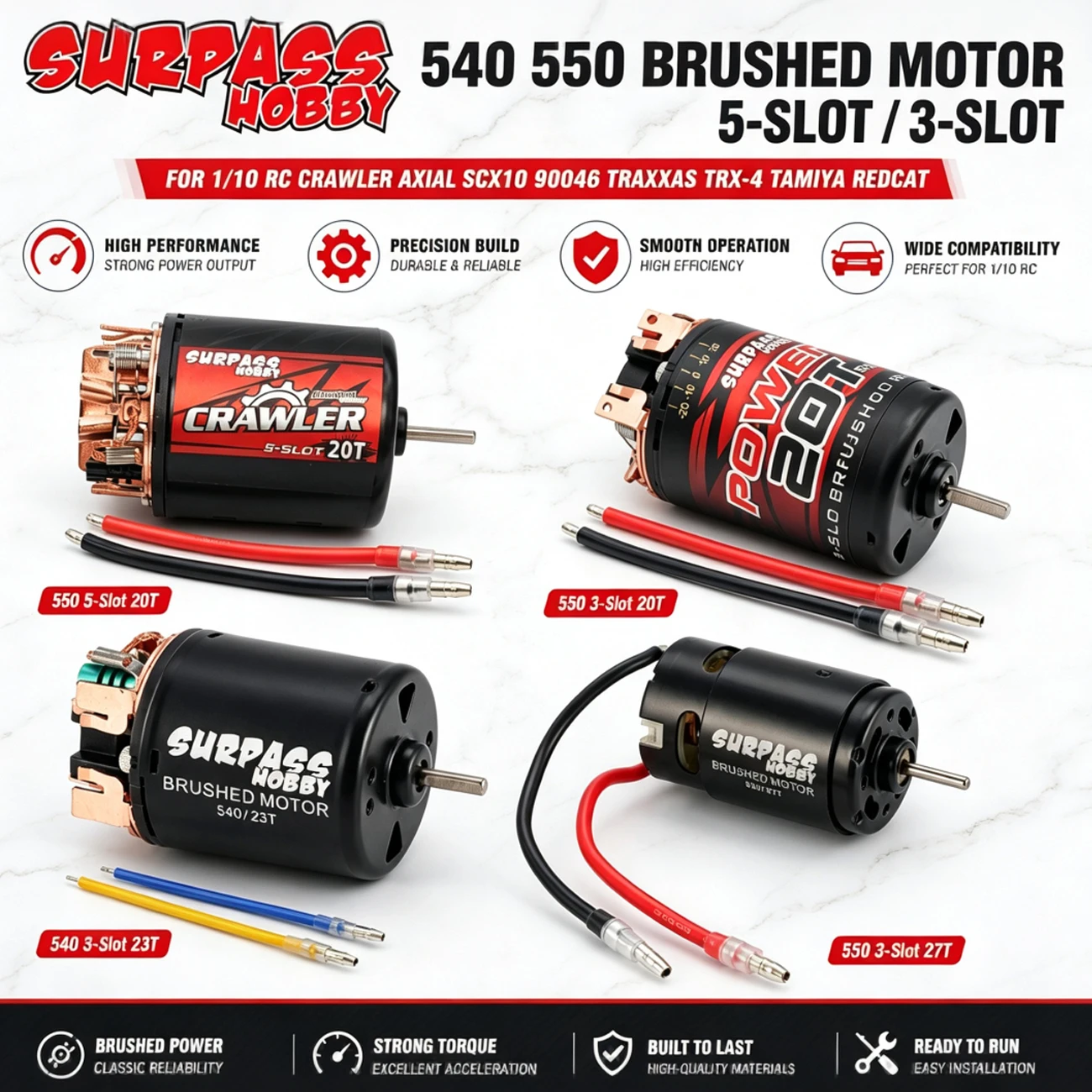 SURPASS HOBBY 540 550 Brushed Motor 5-Slot / 3-Slot 12T 21T 35T 80T for 1/10 RC Crawler Axial SCX10 90046 Traxxas TRX-4 Tamiya