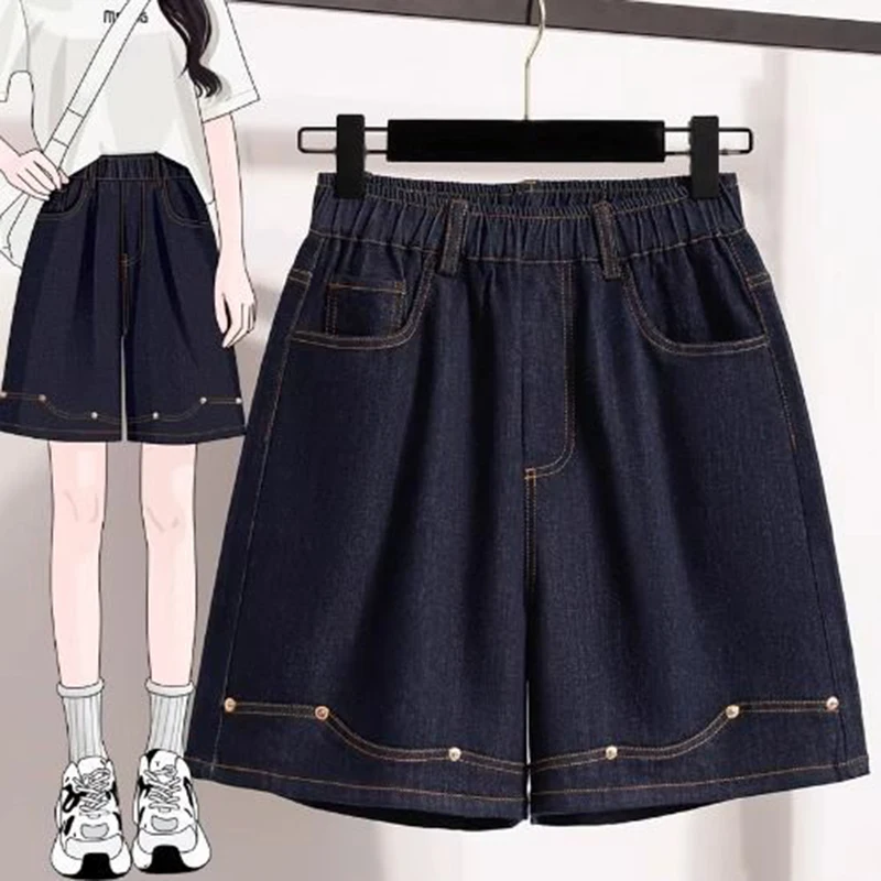 

Summer New High Waisted Denim Shorts Women‘s Elastic Waist Fashion Slimming Stretchy Comfort Mid-Length Casual Shorts