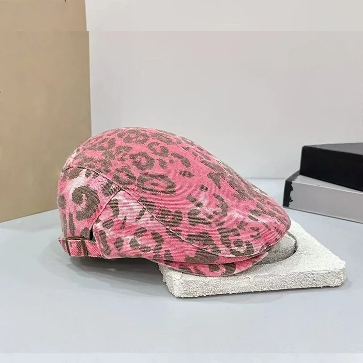 Pink Leopard-Print Distressed Baseball Caps, Fisherman's Hats, Women's Unique Bucket Hats, Forward-Facing Hats, Outdoor Sun Hats