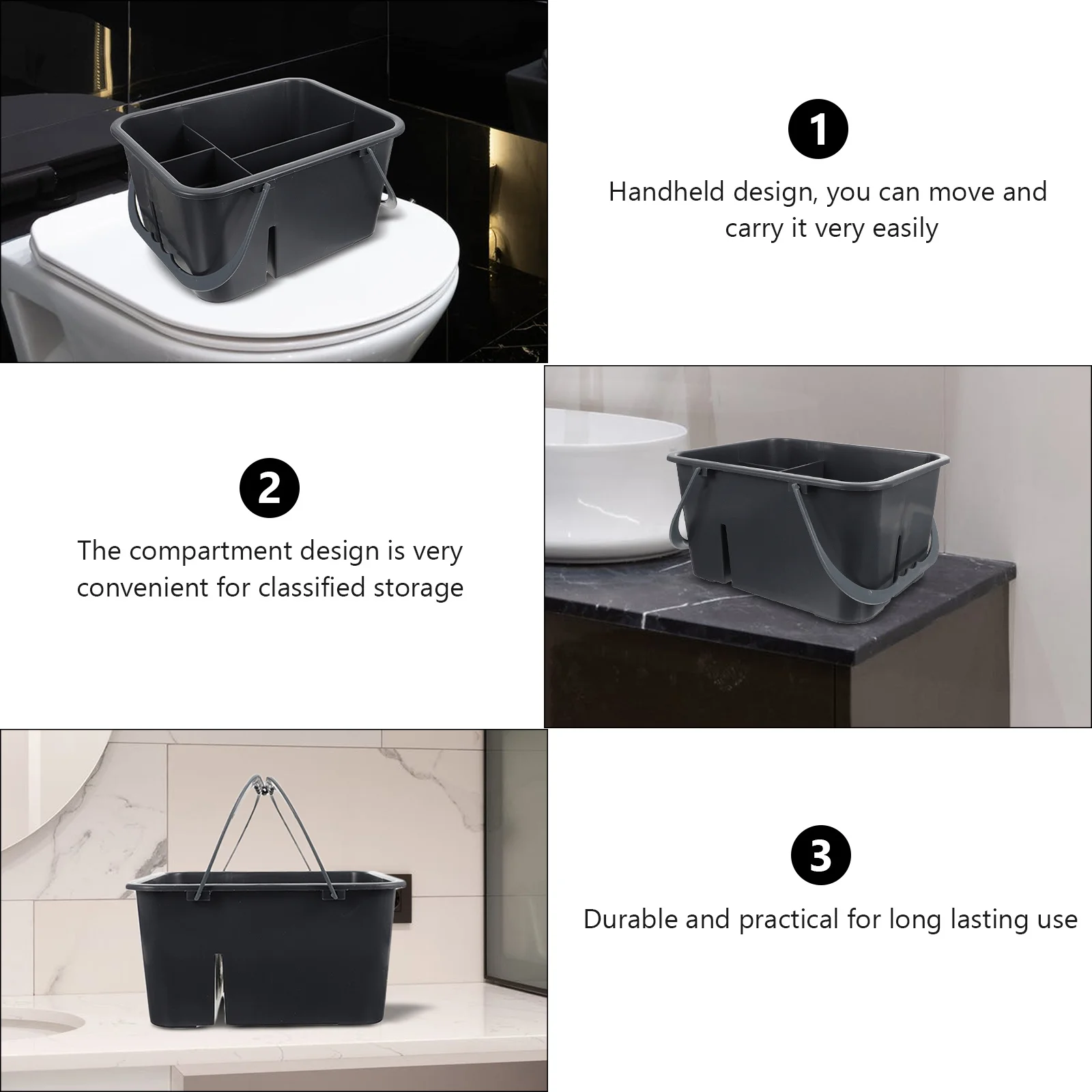 Cestino per la pulizia del bagno da 1 pezzo, organizer portatile in plastica di alta qualità a quattro scomparti per forniture per il bagno