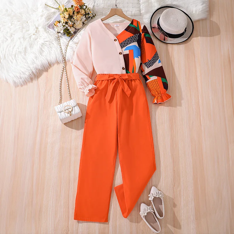 2024 New Clothing Set Girl Long Sleevele Print Patchwork Orange 2 Pcs Sets Casual Girls Clothes Sets 18M-7T