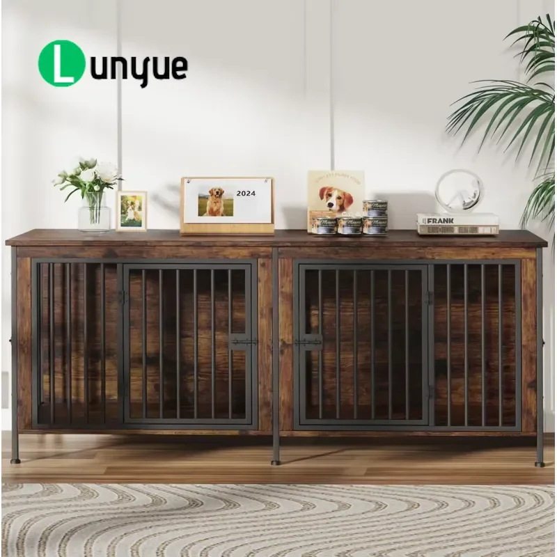 Double Dog Cage Wooden Kennel with Two Separate Compartments Multiple Doors Sturdy Furniture Style Indoor Outdoor Pet House