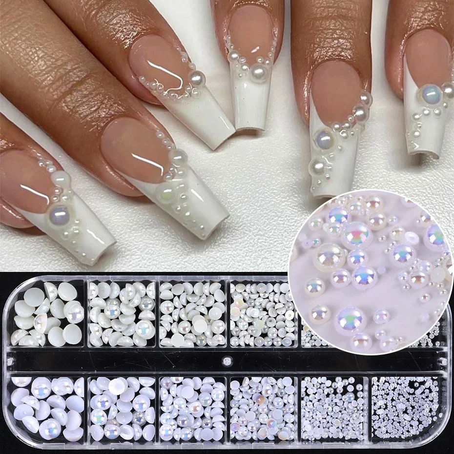 

12 Сеток Aurora Pearl Nails Art Decoration Белые круглые бусины с плоской спинкой Ювелирные изделия Летние DIY Очаровательные элегантные свадебные аксессуары Запчасти