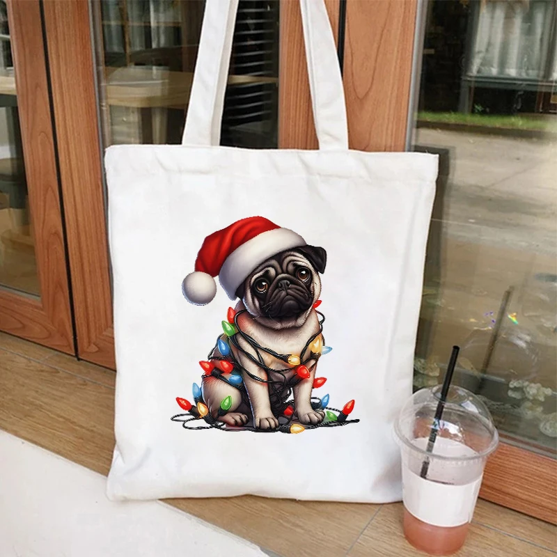 عيد الميلاد الكلب أكياس التسوق حفلة عيد الميلاد حمل حقيبة عيد الميلاد موضوع المرأة أكياس التسوق حقيبة قماش قنب مع حقائب اليد حقيبة سوبر ماركت