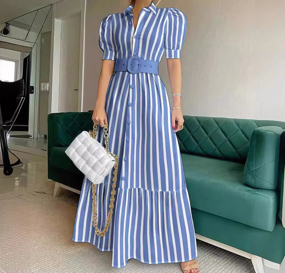 

Dresses for Womens 2024 Summer Fashion Elegant Temperamental Commuter Stripe Short Sleeved Long High Waist Shirt Dress with Belt