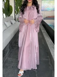 Elegante muçulmano abaya para as mulheres vestido 2 peça conjunto de seda com cinto vestidos de festa quimono vestido árabe saudita dubai kaftan islâmico 2025