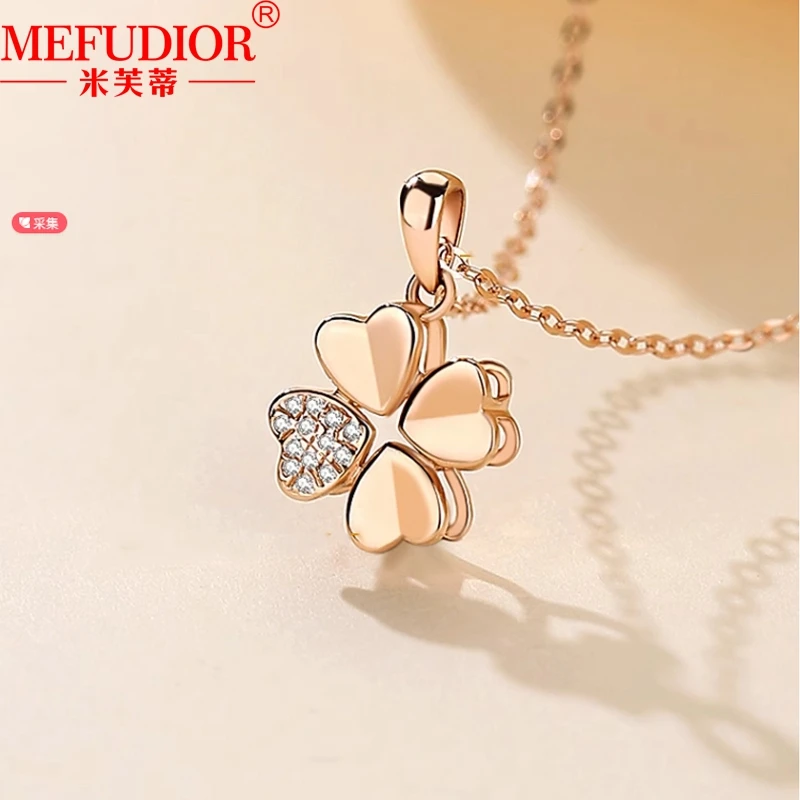 18K Rose Gold Four-leaf Flowers Pendant Moissanite Diamond Necklace 45cm Chain Length Luxury Jewelry Women Friend Birthday Gifts