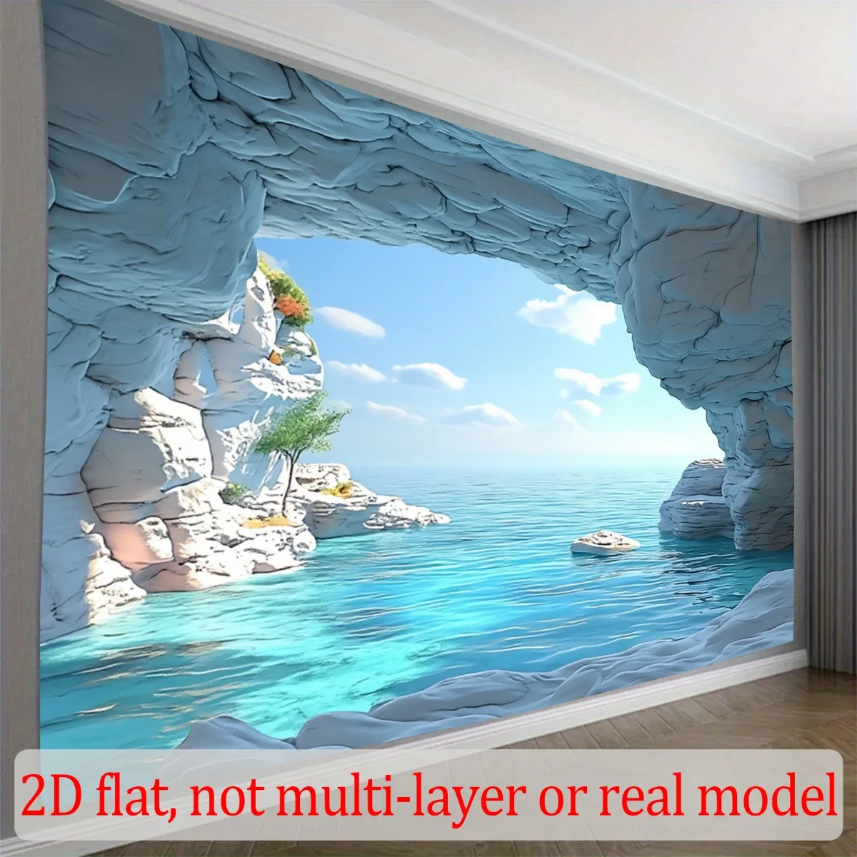 3D Effect Sea Cave Ocean View 2D Flat Tapestry Backdrop For Living Room Decor Coastal Beach Wall Hanging Art Print Poster