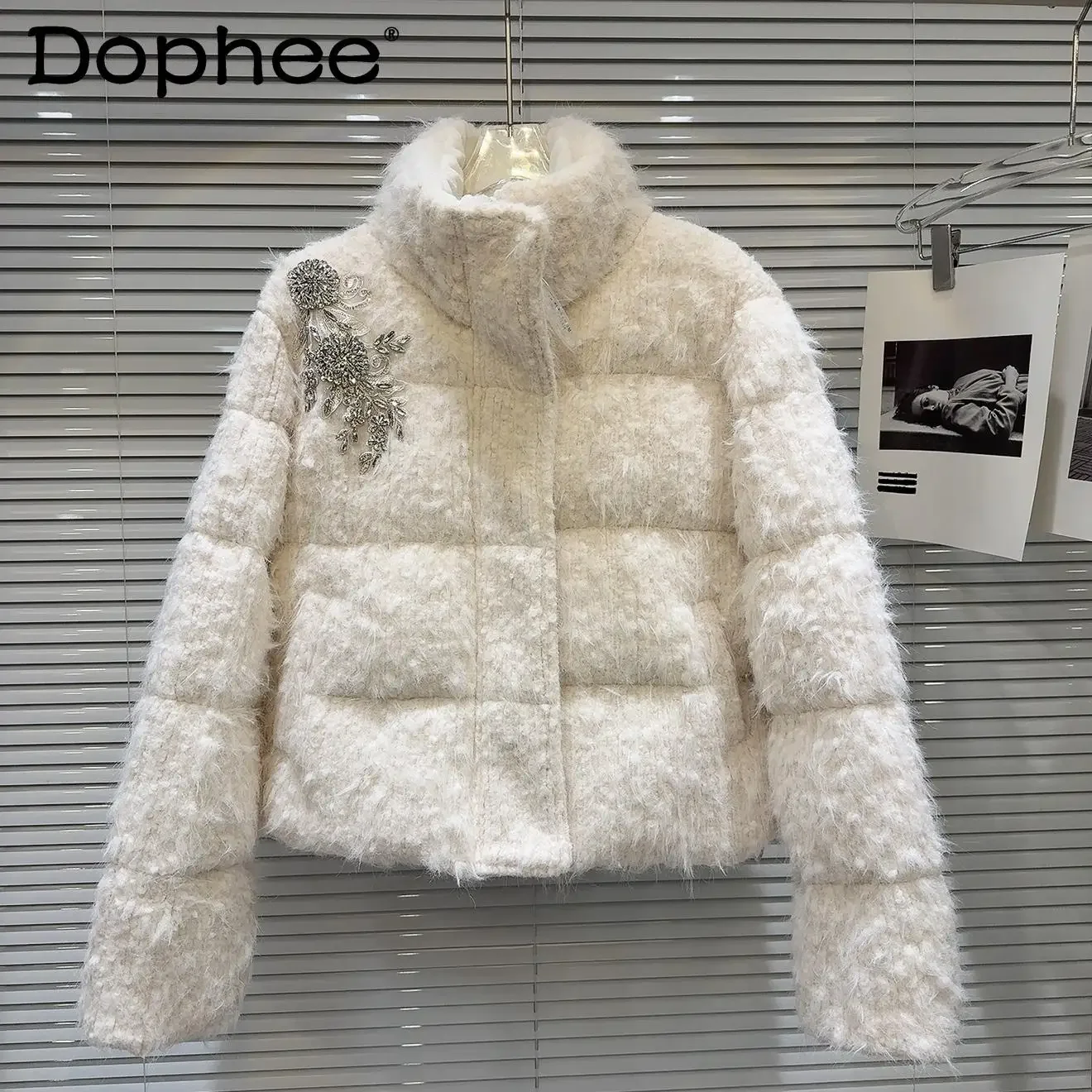 Winter New Heavy Industry Flash Diamond Beads Flower Down Jacket and Coats 2025 New Stand-up Collar Warm Women's Jacket