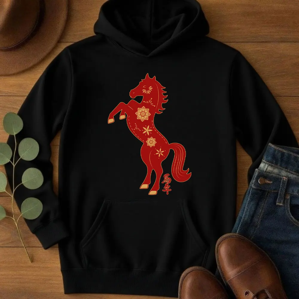 

Новогодняя толстовка с капюшоном 2026 года с изображением лошади, подарок знаку зодиака, пуловер с лунным Новым годом, спортивный костюм с заниженными плечами, новая повседневная толстовка