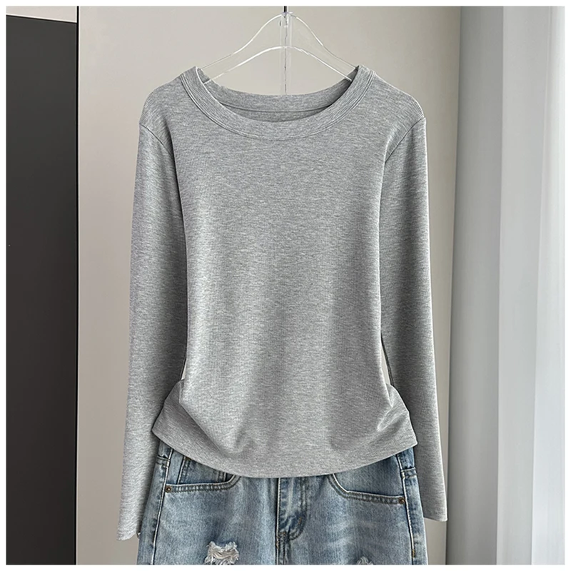 Threaded Round Neck Long Sleeved T-shirt Women  Autumn 2024 New Modal Solid Color Slim Fit Top Korean Style Simple Versatile Tee