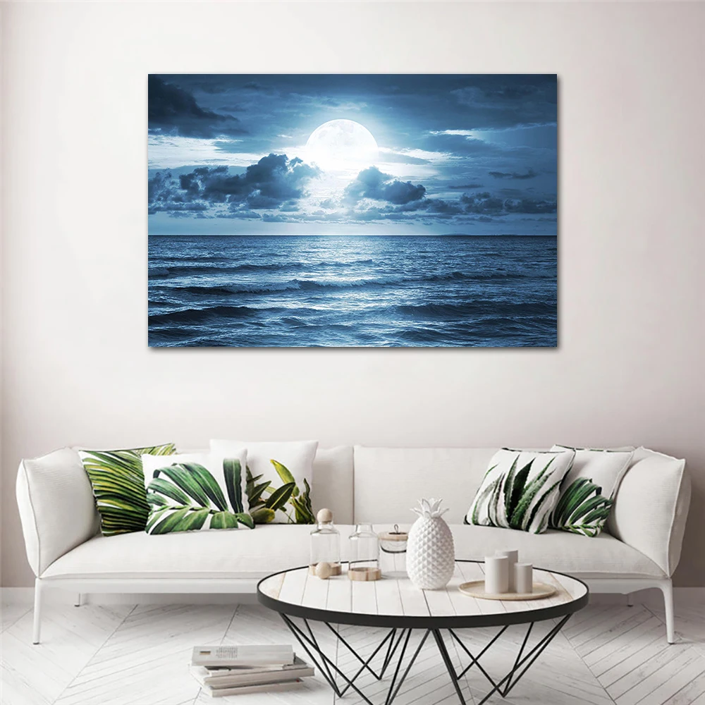 Ocean Moon Night Scenery Canvas Painting Home Decor Wall Art Poster Print Mural Decorative Pictures for Living Room