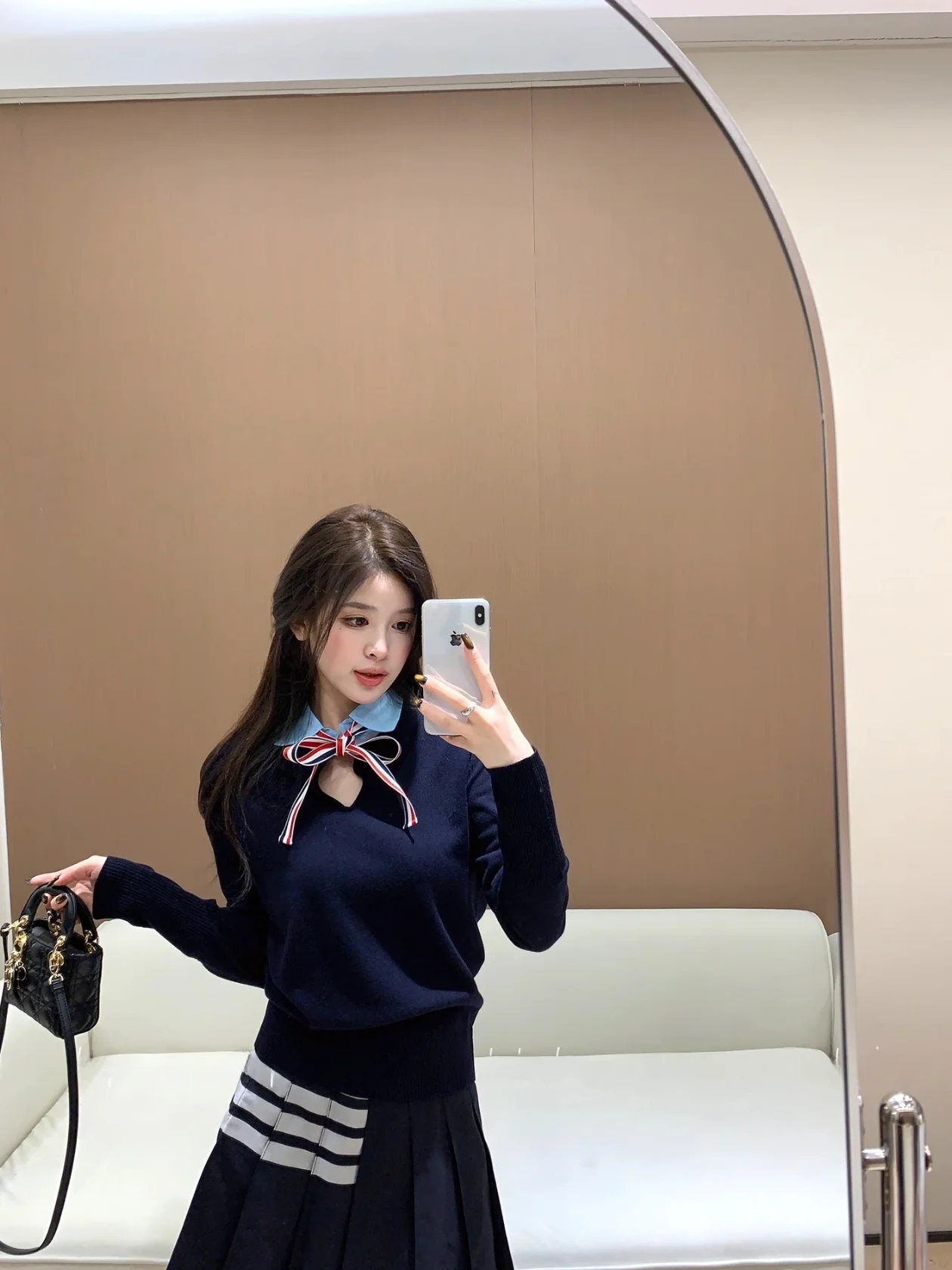  Knot  Collar Splice Fake Two-Piece Knitted Sweater Women's Slim Fit Casual Style Breathable Cotton Wool Blend