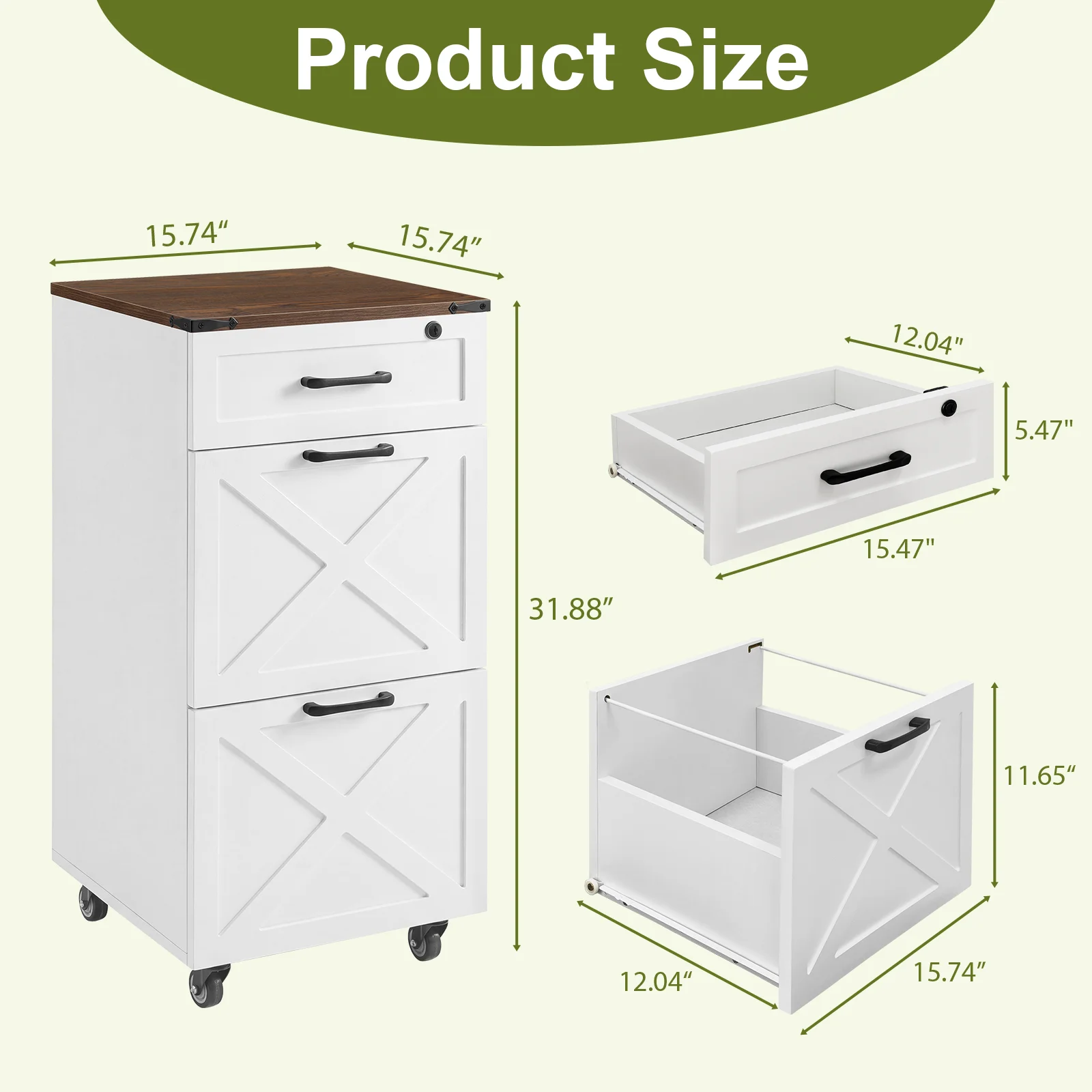 Rustic White Farmhouse 3-Drawer File Cabinet with Wheels Mobile Rolling Storage Organizer for Letter A4 Printer Stand Home Office