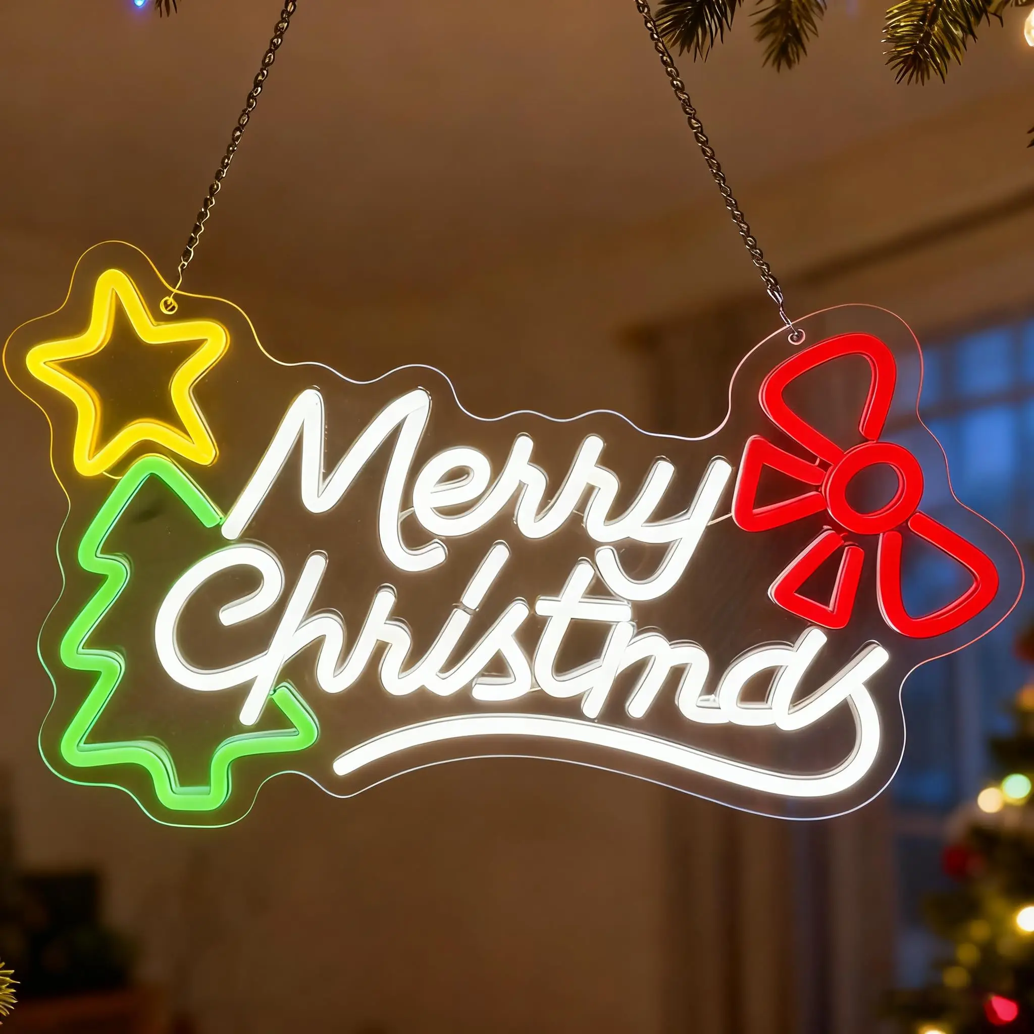 メリークリスマス-ネオンサイン-調光可能-壁飾り-クリスマスツリー-リボン-星-ライトアップサイン-パーティー-バー-クラブ-冬-ウィンドウデコレーション