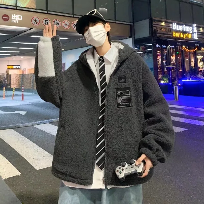 سترة رجالية من القطن مبطنة بفرو الحمل، سميكة وفضفاضة، أنيقة للخريف والشتاء، بأسلوب شبابي عصري، يمكن ارتداؤها على الوجهين