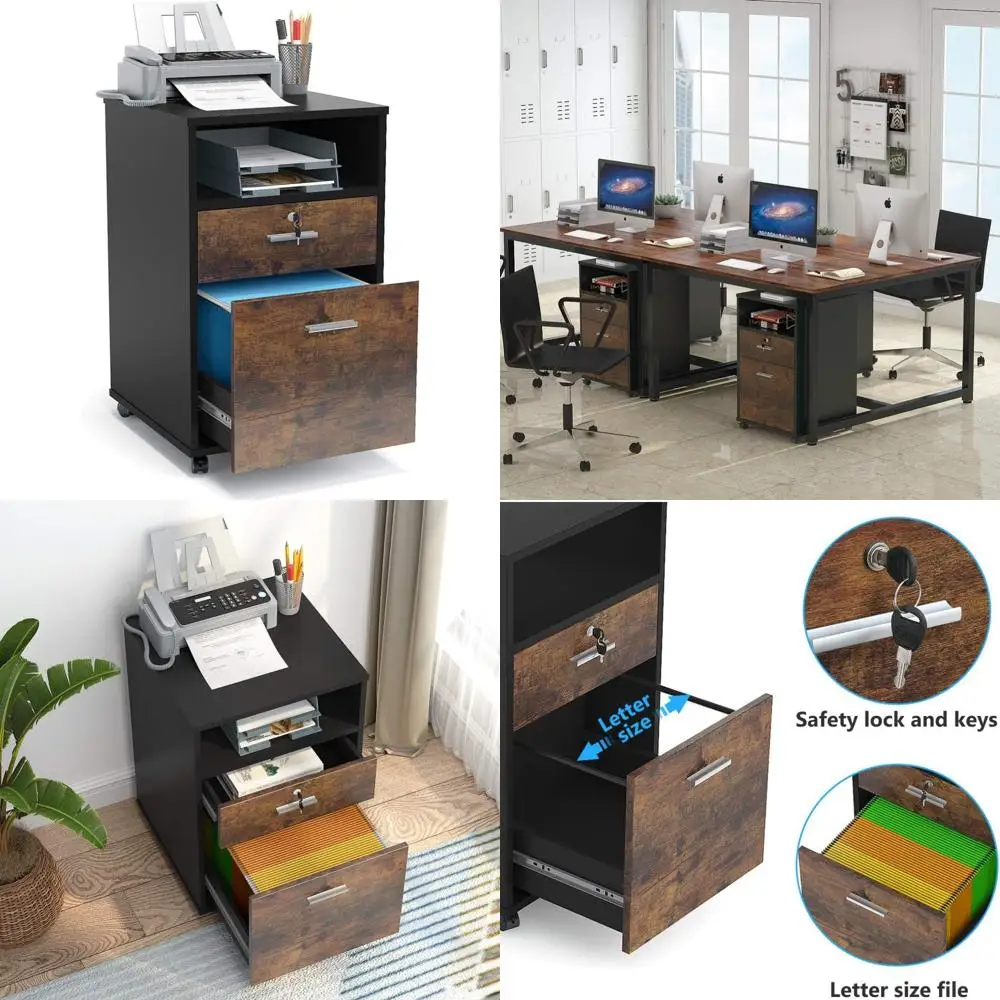 

Modern Wooden 2-Drawer Locking File Cabinet on Wheels for Letter Size Documents, Printer Stand with Mobile Storage Solution