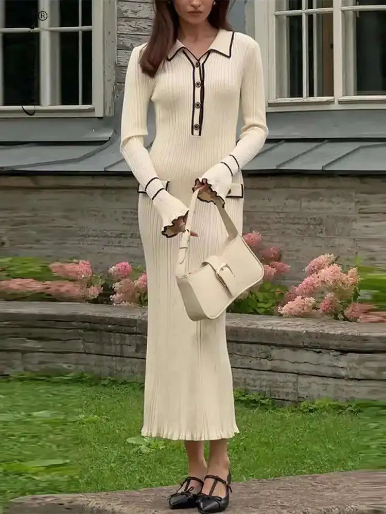 Elegancka marszczona dzianina damska 2025 Jesienna prążkowana kontrastowa sukienka z długim rękawem z klapami Kobieca sukienka damska Maxi