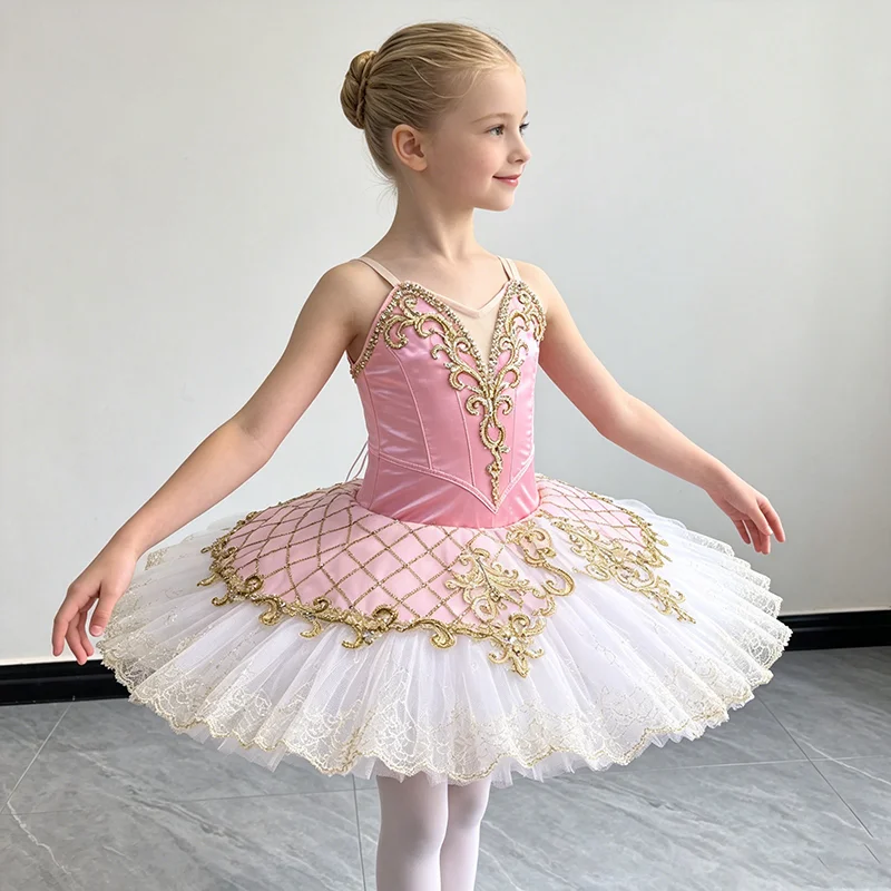 Women bright pink satin V-neck spaghetti strap corset professional tutu ballet costume gilded scroll iridescent rhinestone embro