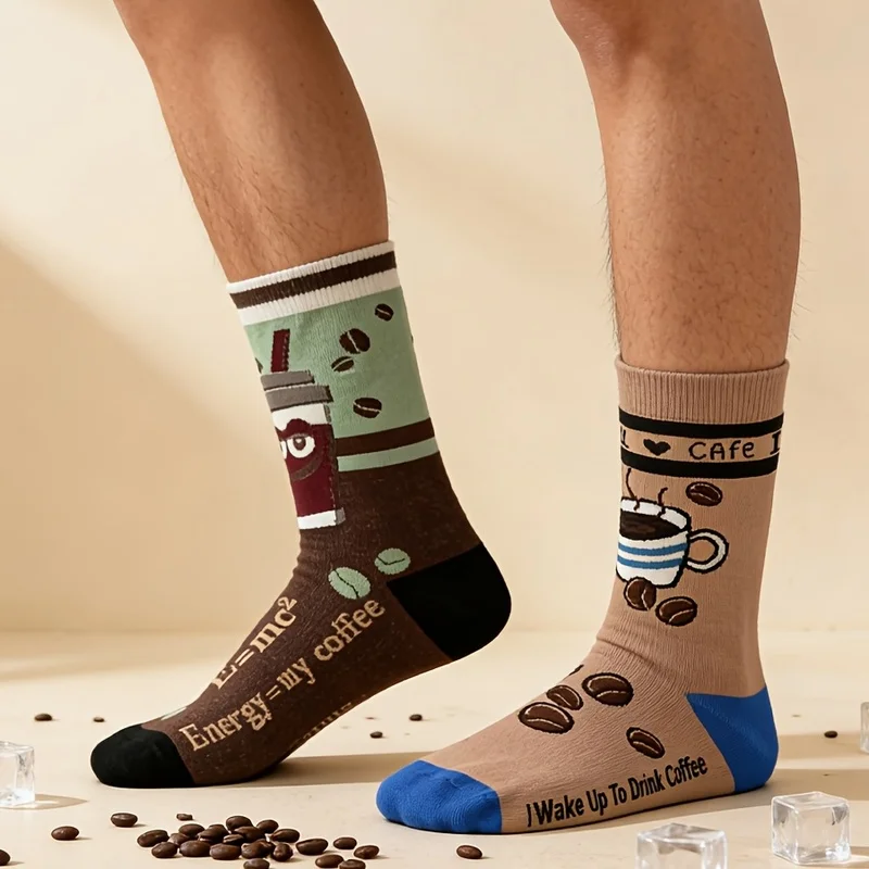 Men Coffee Lovers Mid-Calf Socks Spring Summer Fall Breathable Elastic Fun Novel CoffeeBean And Cup Patterns for Daily Wear