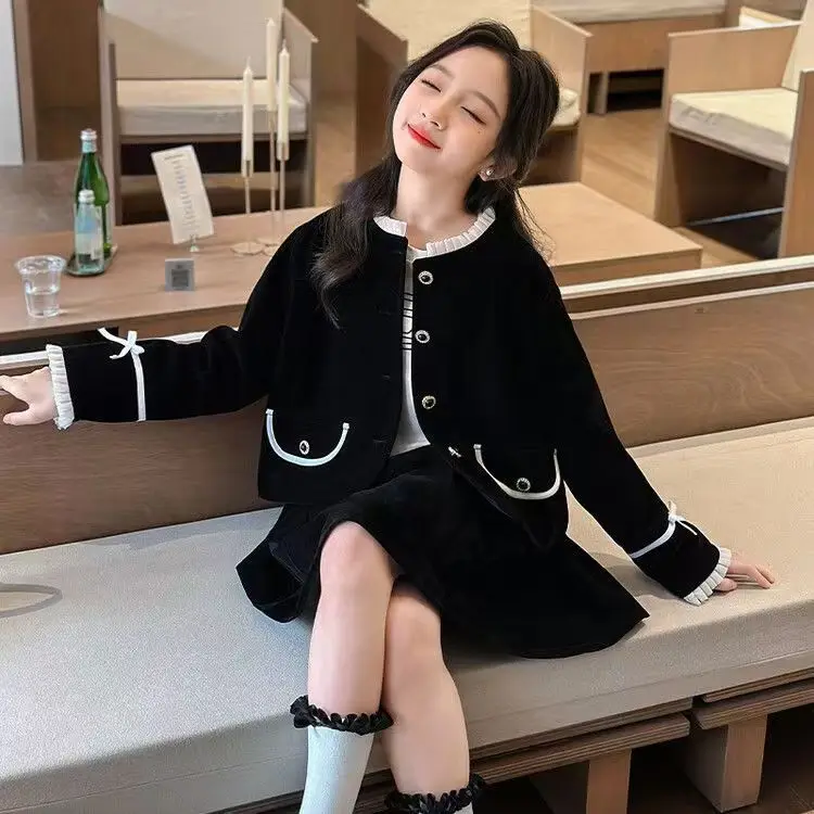 2026 autumn Girls set Clothes teenager hooded lace Cardigan Top + corduroy dress black pleated skirt 4 5 10 11 12 14 year suit