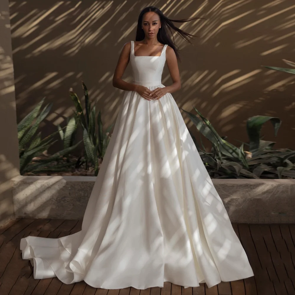 Customized Simple Africa Wedding Dress Sexy Square Neck Sleeveless Open Back A Line  Brush Train Floor-Length Satin Bridal Gown