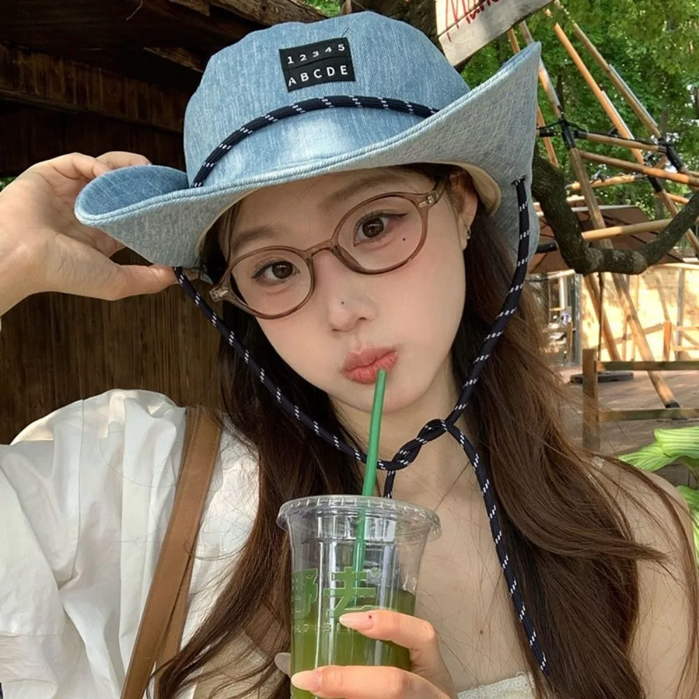 موضة واقية من الشمس قبعات رعاة البقر الغربية قبعة واسعة الحواف النمط الياباني صياد قبعة القماش الأزرق الدنيم قبعة بحافة النساء