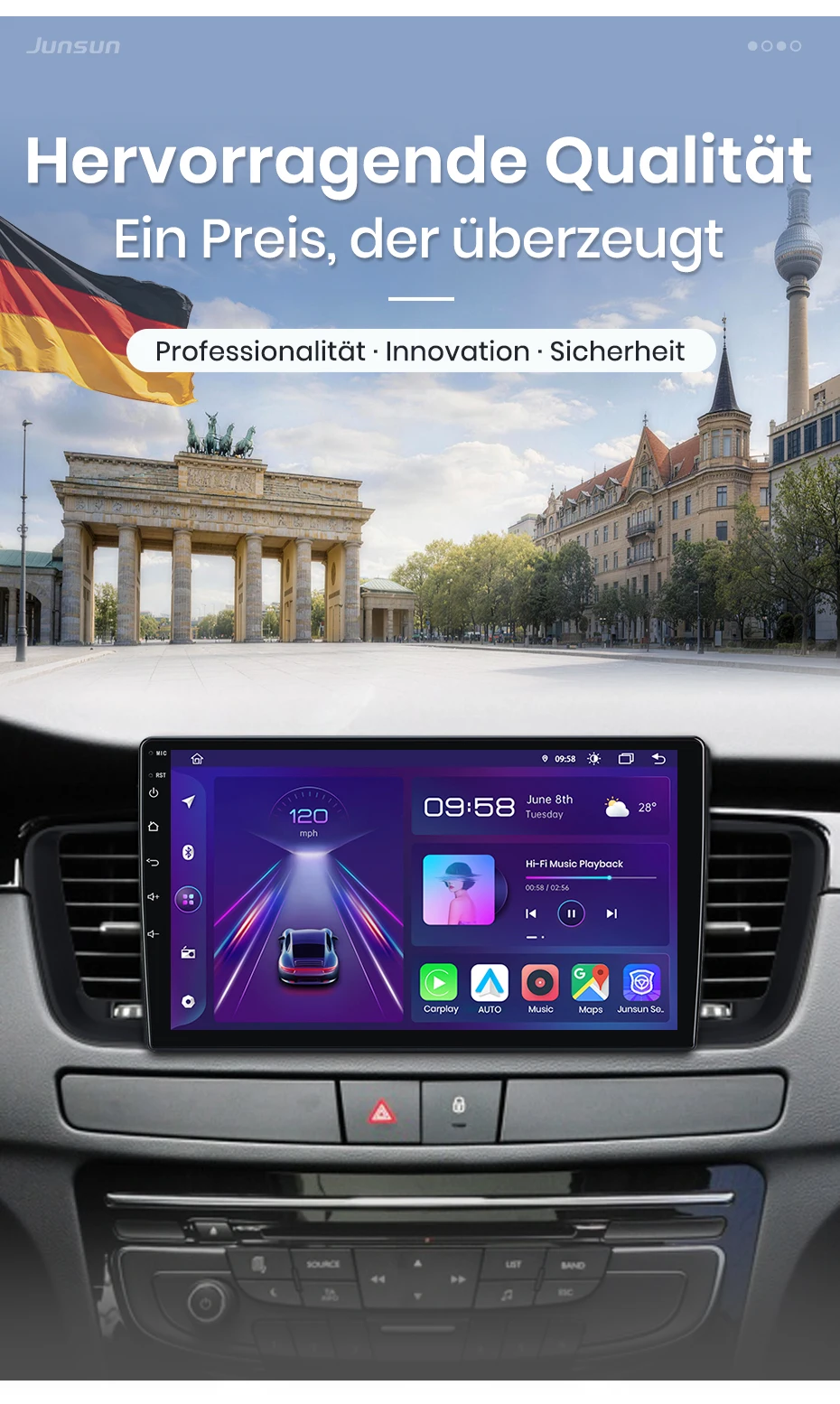 Junsun 9-Zoll Android 15 Autoradio für Peugeot 508 508SW 2011-2018, kabelloses Apple CarPlay, Auto-IPS-Touchscreen, Stereo-Multimedia-Videoplayer, intelligente Fahrzeugsysteme, 2-DIN-Autoradio-Haupteinheit, GPS-Navigation, BT, 4G, WLAN, FM, AM, DSP, RDS, SWC, DAB+ – Detail 2