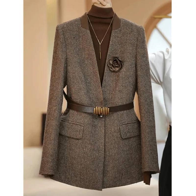 Veste de costume couleur café pour femmes, grande taille, haute qualité, vêtements d'extérieur de printemps, manteaux en laine à la mode, Blazer d'automne, Cardigan à ceinture