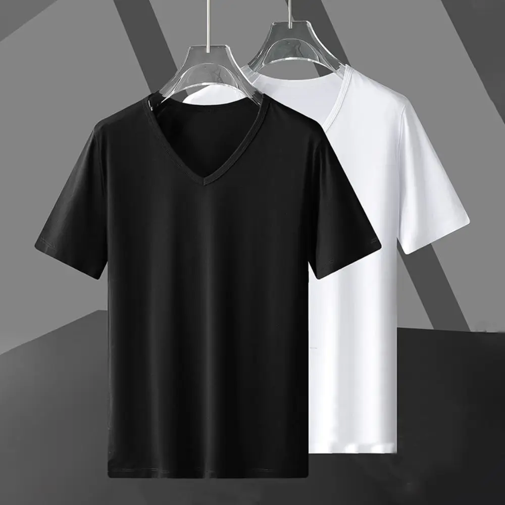 New V-Neck T Shirts for Men Large Size Simple Short Sleeve T-shirt Bottoming Shirt Loose Basic T-shirt All-match