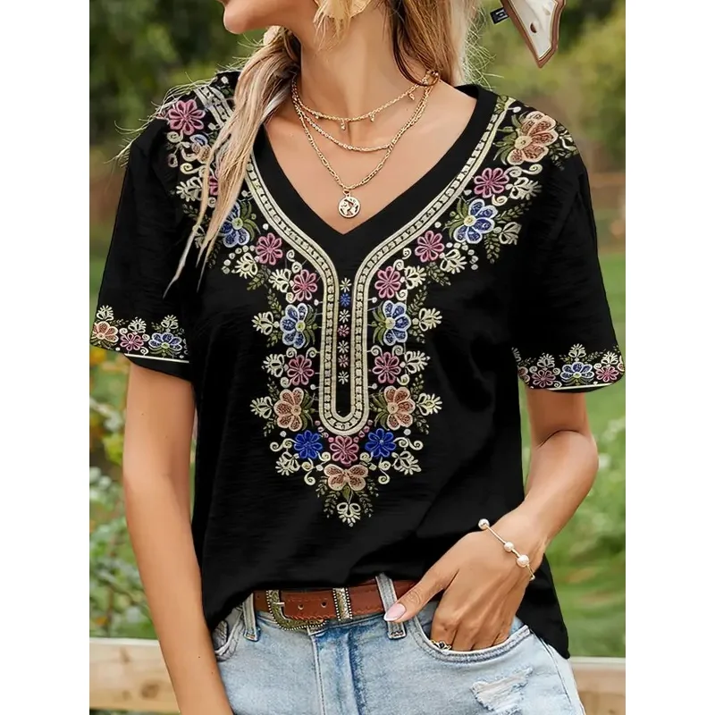 Women's Ethnic Floral 3D Print T-Shirt Short-Sleeved V-Neck Y2k Harajuku Style Casual Comfortable Fit Summer Top