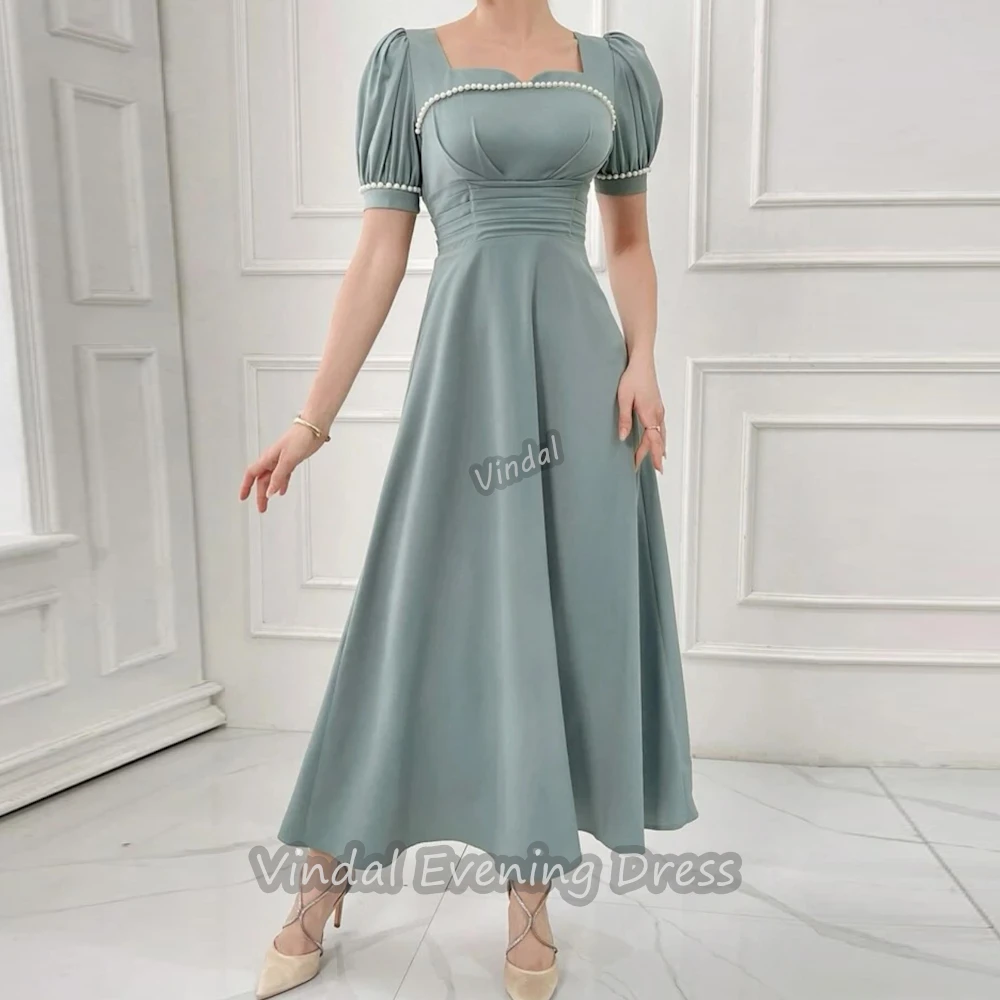 

Vindal Square Neckline Ankle Length Beaded A-Line luxurious Breast padding Crepe Elegant Short Sleeves السعود For Woman 2024