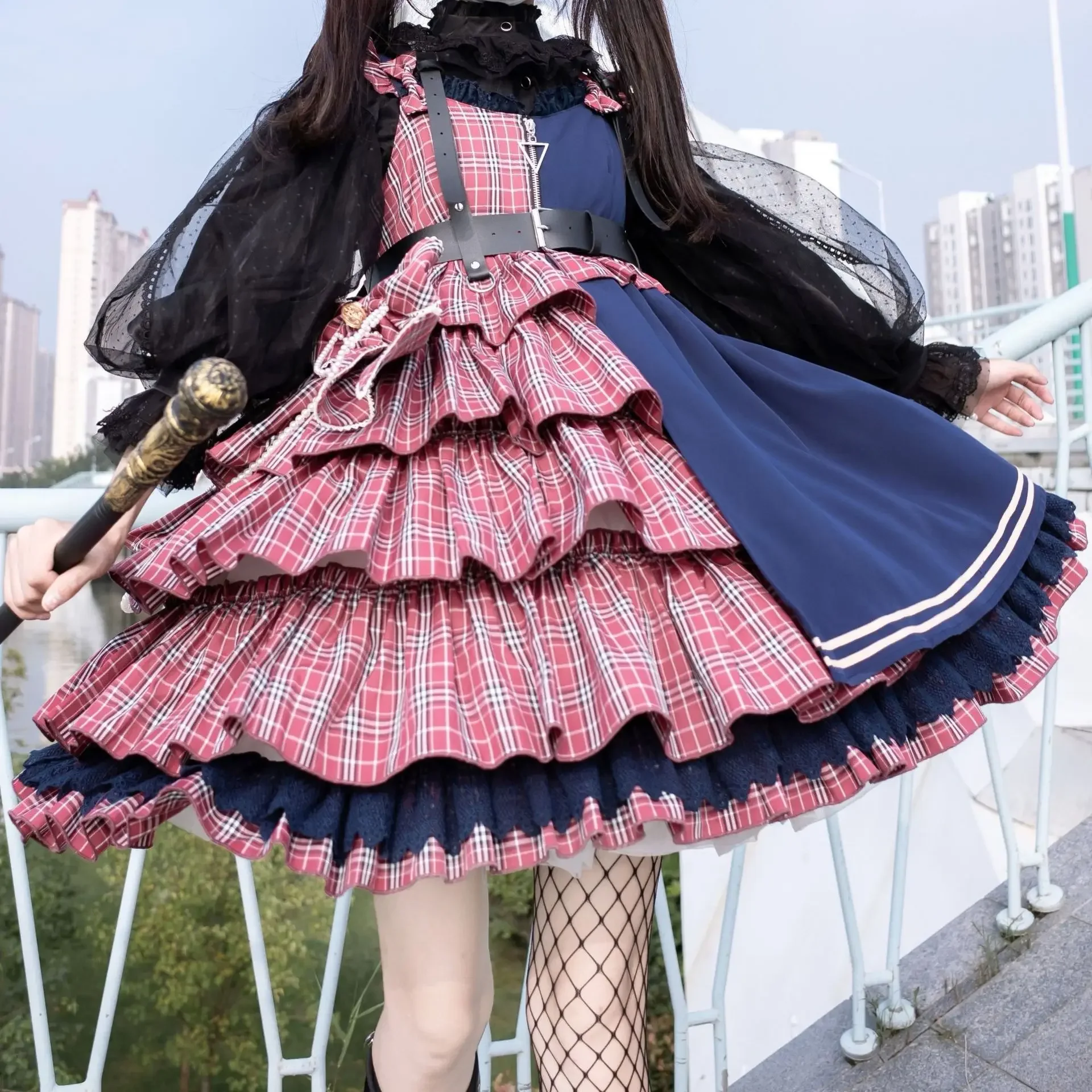 Original jsk light Lolita Dress Red Blue Plaid Leather Belt Sweet Cute Soft Girls Punk Ball Gown Sling Dress