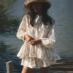 Casual Beige Print Women's Two Pieces Set Fashion Stand Collar Wrist Sleeve Ruffled Shirts And High Waisted Shorts Suit Woman