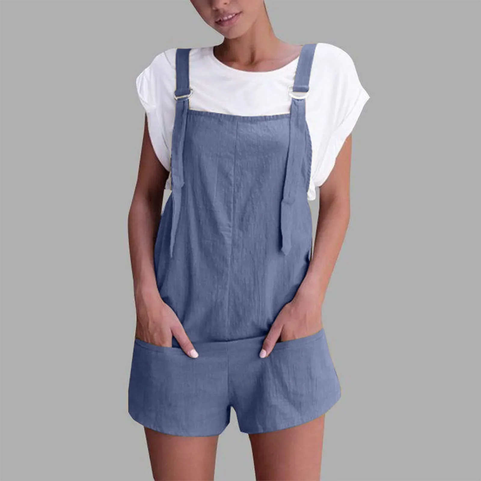 Women Playsuit Women Cotton Linen Bib Overalls Summer Sleeveless Solid with Button Pockets Vintage One-piece Dailywear Outfits