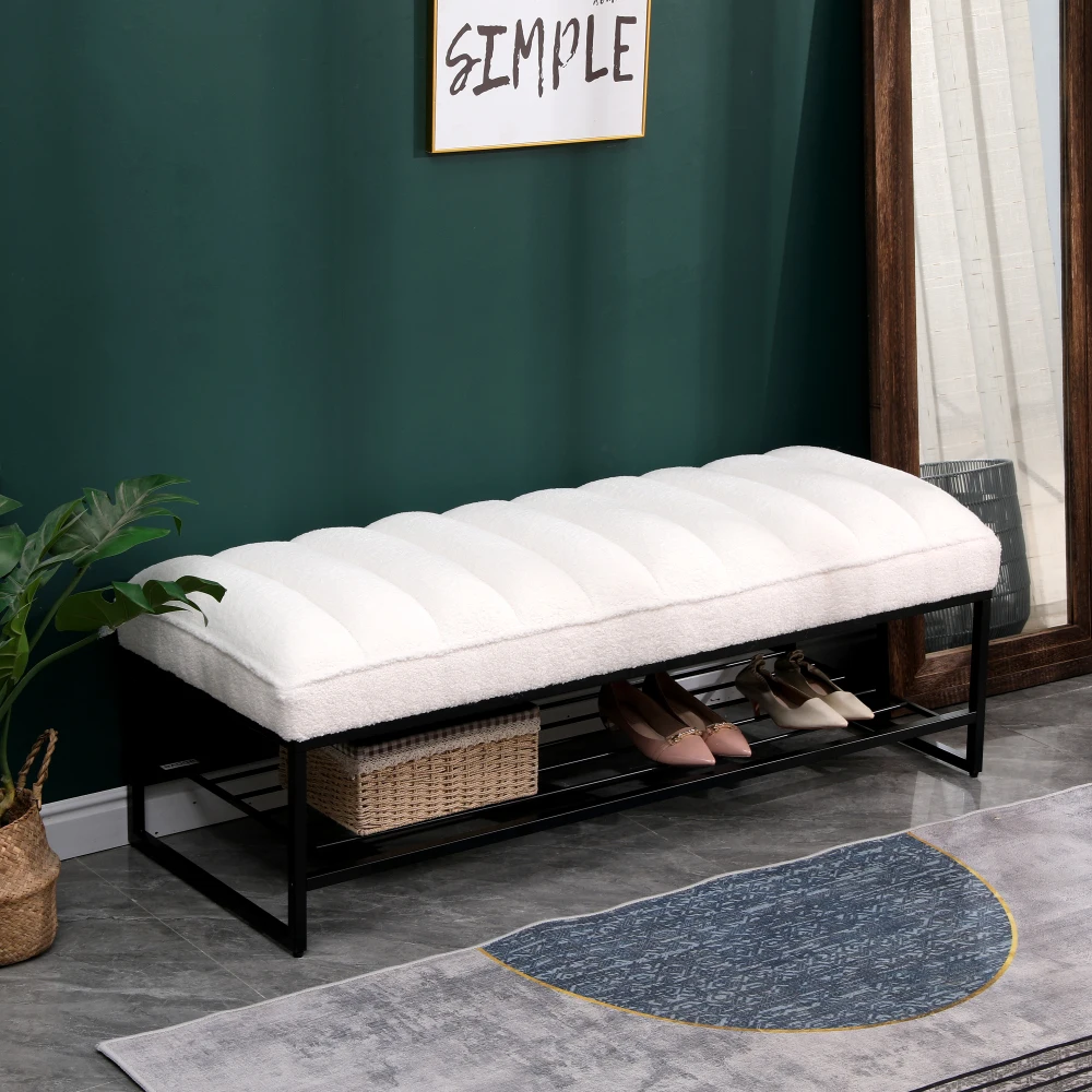 Channel Tufted Bench with Metal Shelf White Sherpa Upholstered Benches End of Bed Ottoman for Bedroom, Living Room Entryway