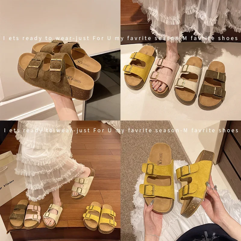 أحذية نسائية مسطحة للشاطئ في الهواء الطلق شباشب كاجوال بنعل سميك من الجلد ونعل الفلين صنادل وشباشب