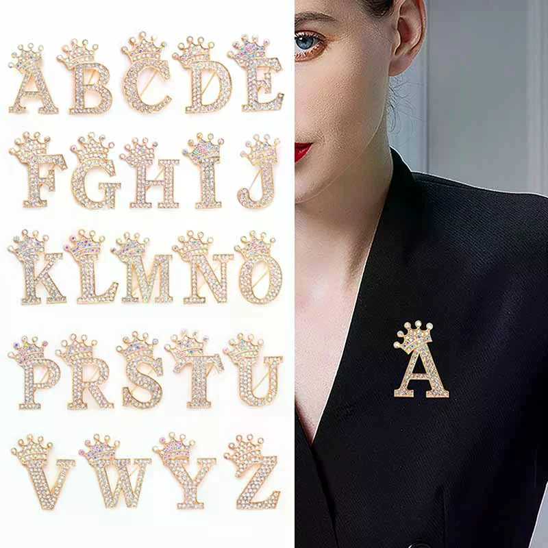 Crown 26 Initial Letters A To Z Crystal Rhinestone Brooch Pins For Women Wedding Dress Lapel Collar Pin Jewelry