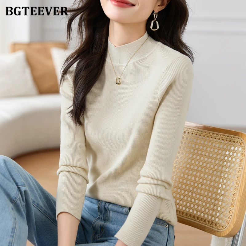 

BGTEEVER Stylish Half High Collar Slim Ladies Solid Sweaters Jumpers Autumn Winter Casual Basic Long Sleeve Female Knitted Tops