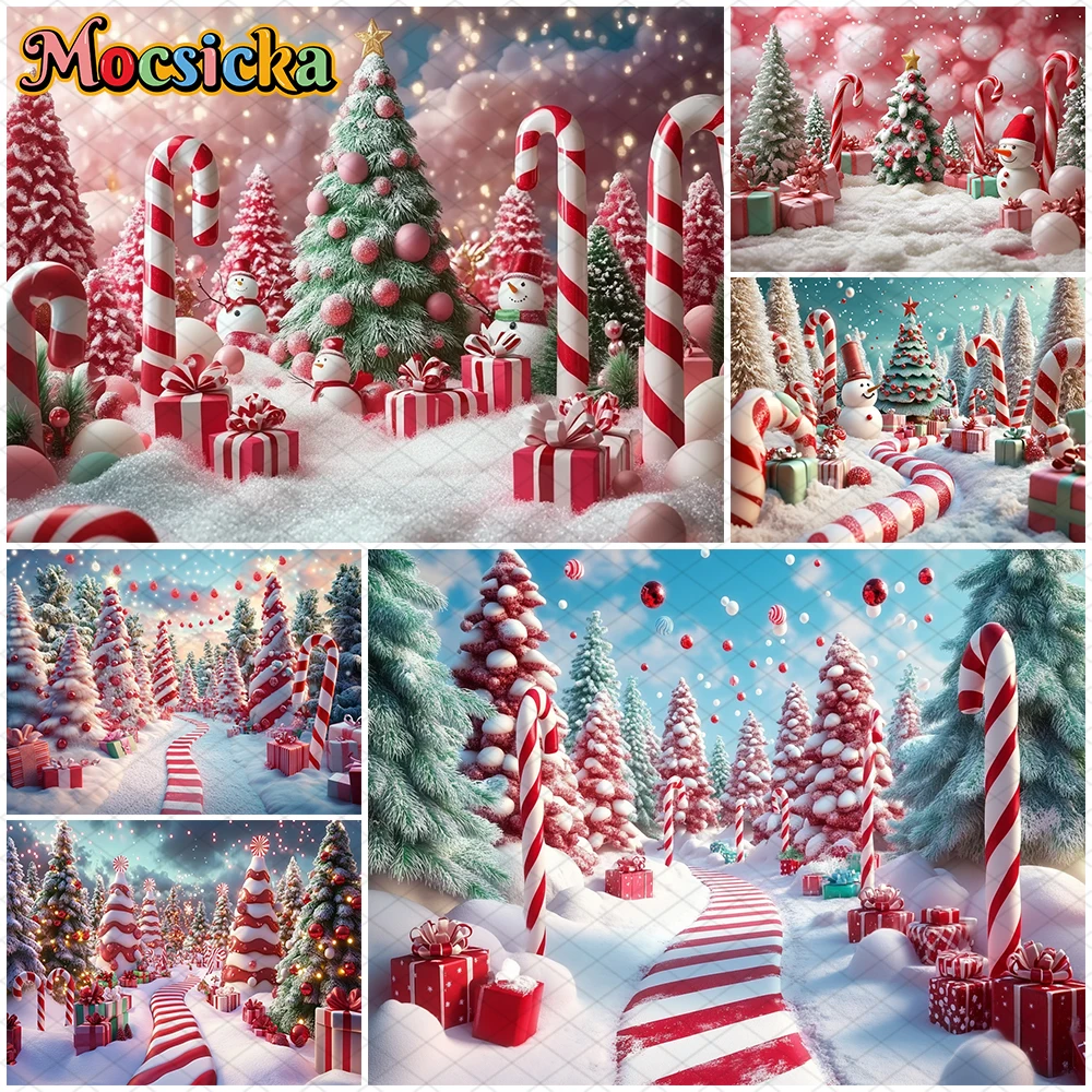 

Mocsicka Christmas Tree Backgrounds Photography Winter Candy Snowman Gifts Decorations New Year Party Backdrops Studio Wallpaper