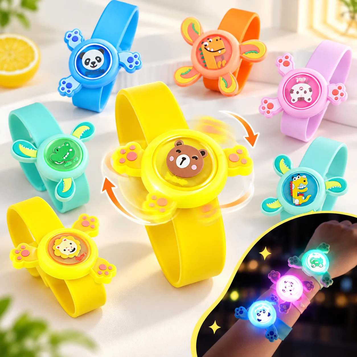 LED Light Up Slap Bracelet 360 Degree Rotating Spinner Wristband Cute Animal Design Glow Bracelet for Parties and Events