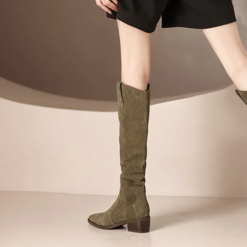 Botas Stitching Women Boot High Heeled Boots Fashion Over The Knee Boot Thin High Heel Stiletto Pointed Toe Pleated Boots 35-40