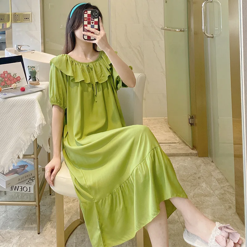 

Solid Sleepwear Nighties For Women Sleeping Dress Viscose Sweet Princess Ruffles Nightgown Night Wear Loose Long Nightgown