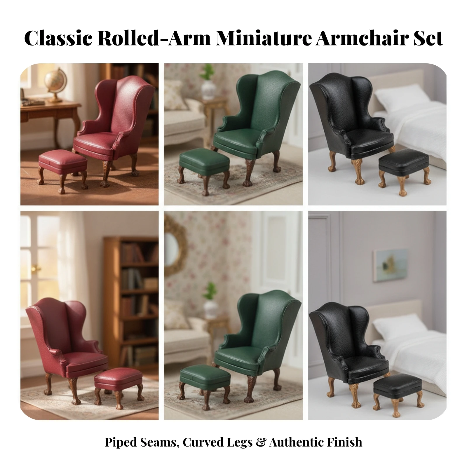 Dollhouse Armchair with Footstool 1:12 Scale Miniature Armchair with Ottoman High-Back Chair with Footrest Upholstered Furniture view 4