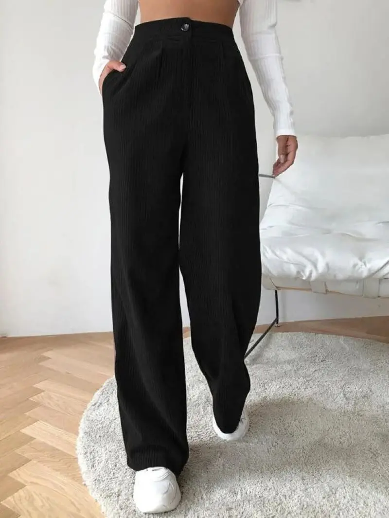 

Spring/Autumn Women High Waist Casual Pants Solid Corduroy Loose Straight Pants