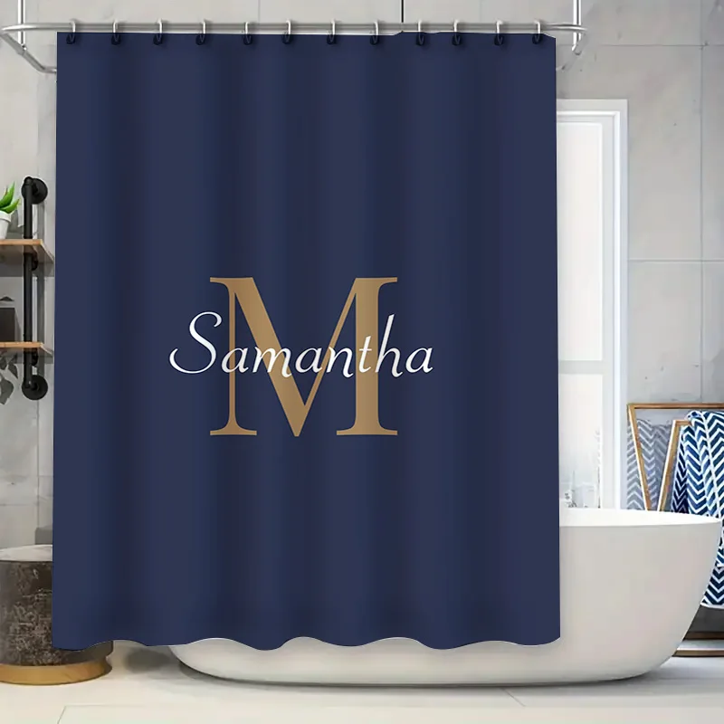 

Personalized Bath Curtains Name Monogrammed with Letter 'M', Elegant Navy Blue Fabric, Customizable Size for Home Decor in Bathr