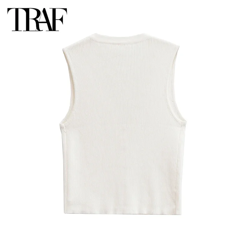 TRAF White Vest Women's Top 2024 Summer Autumn Elegant Knitted Cropped Tank Vest Ladies Fashion Casual Sleeveless Knitwear Vests