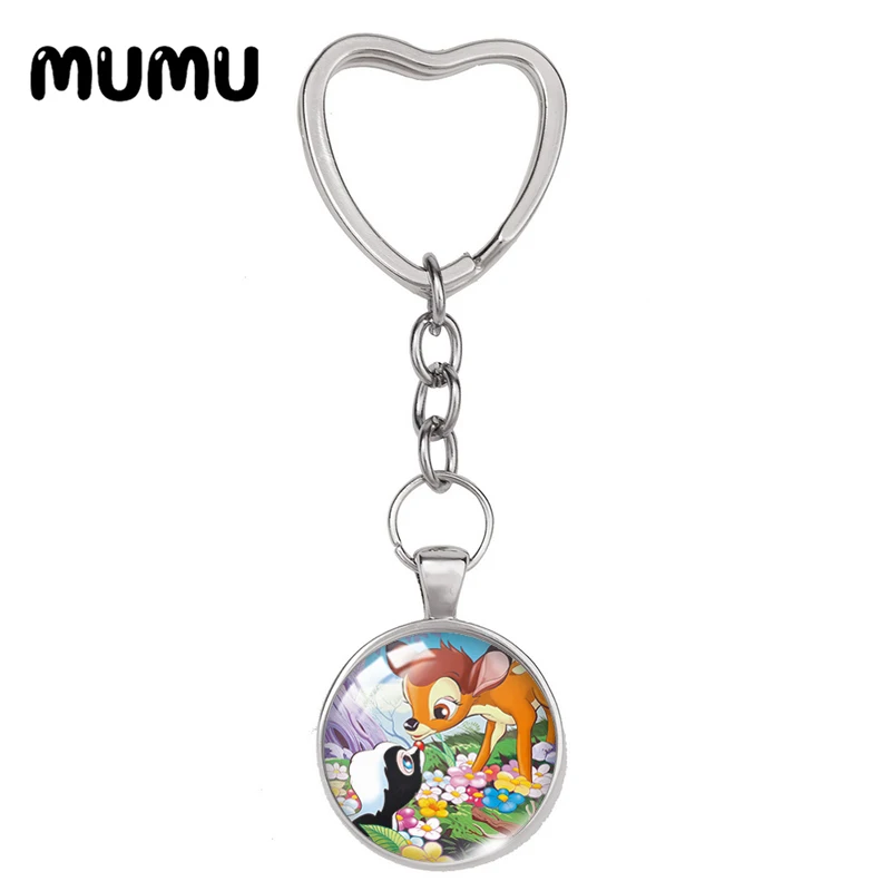 2024 New Bambi with Friends Heart Keyring Funny Keychain Glass Dome Cabochon Jewelry Gifts Children