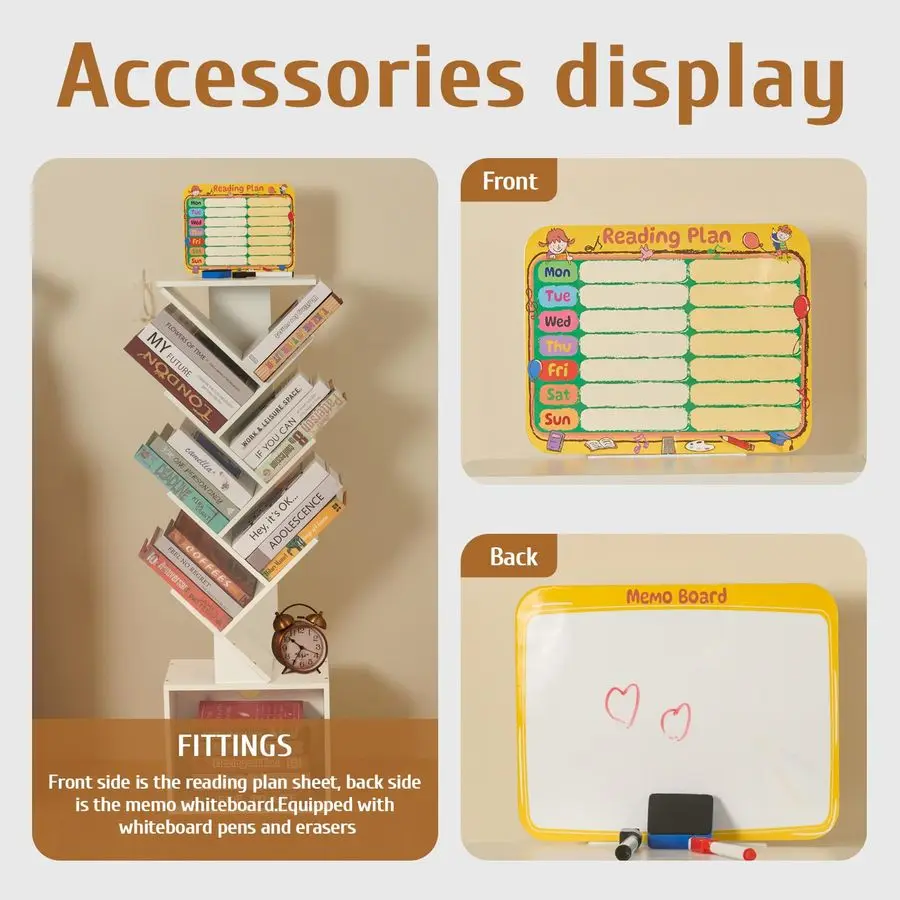 رف كتب على شكل شجرة من الطبقة، خزانة كتب صغيرة مع مخطط للقراءة ولوحة أنشطة، زاوية قائمة على الأرض حديثة، تخزين ضيق طويل القامة C