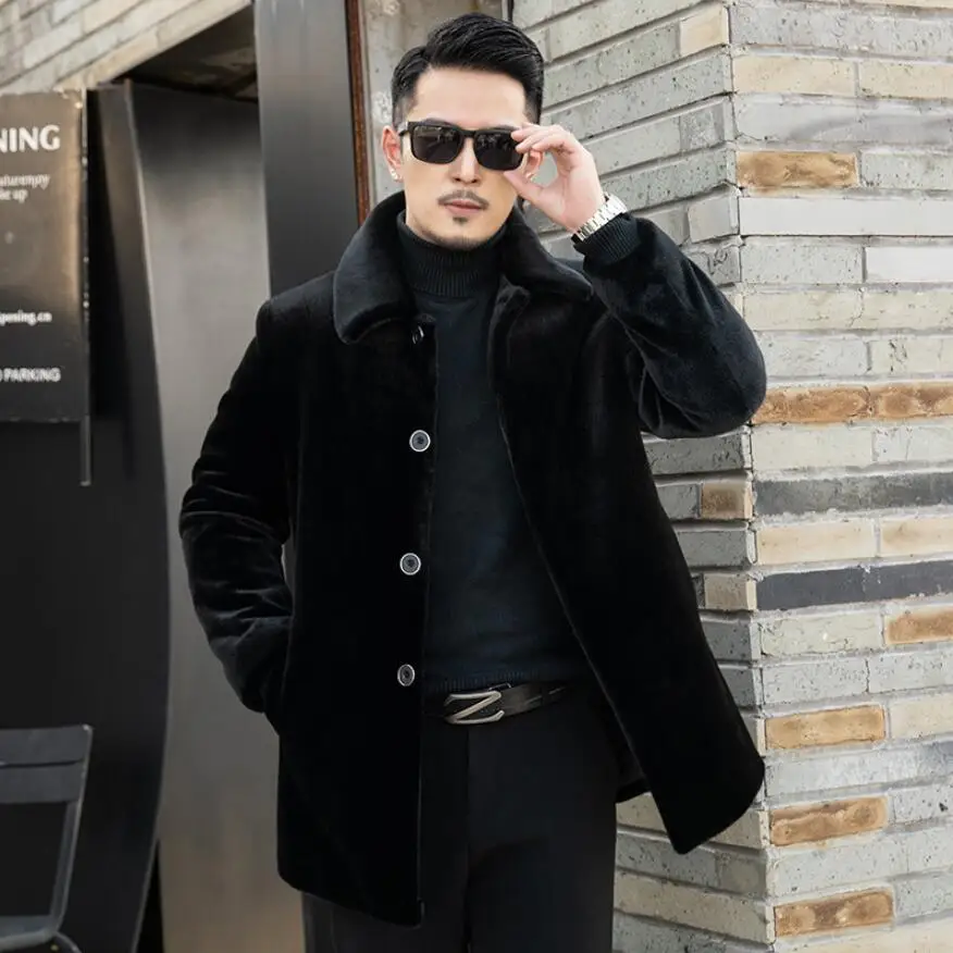 Men's Faux Fur Mink Fur Coat Whole Winter New High-End Imitation Thickened Long Middle-Aged Jacket Black Thicken Coat